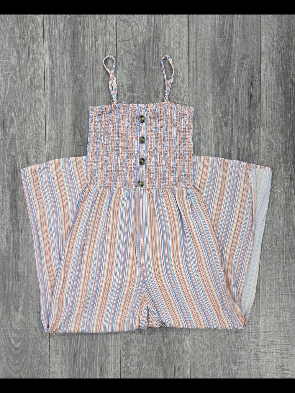 Almost Famous Women’s Smocked Striped Wide Leg Jumpsuit Size Small.